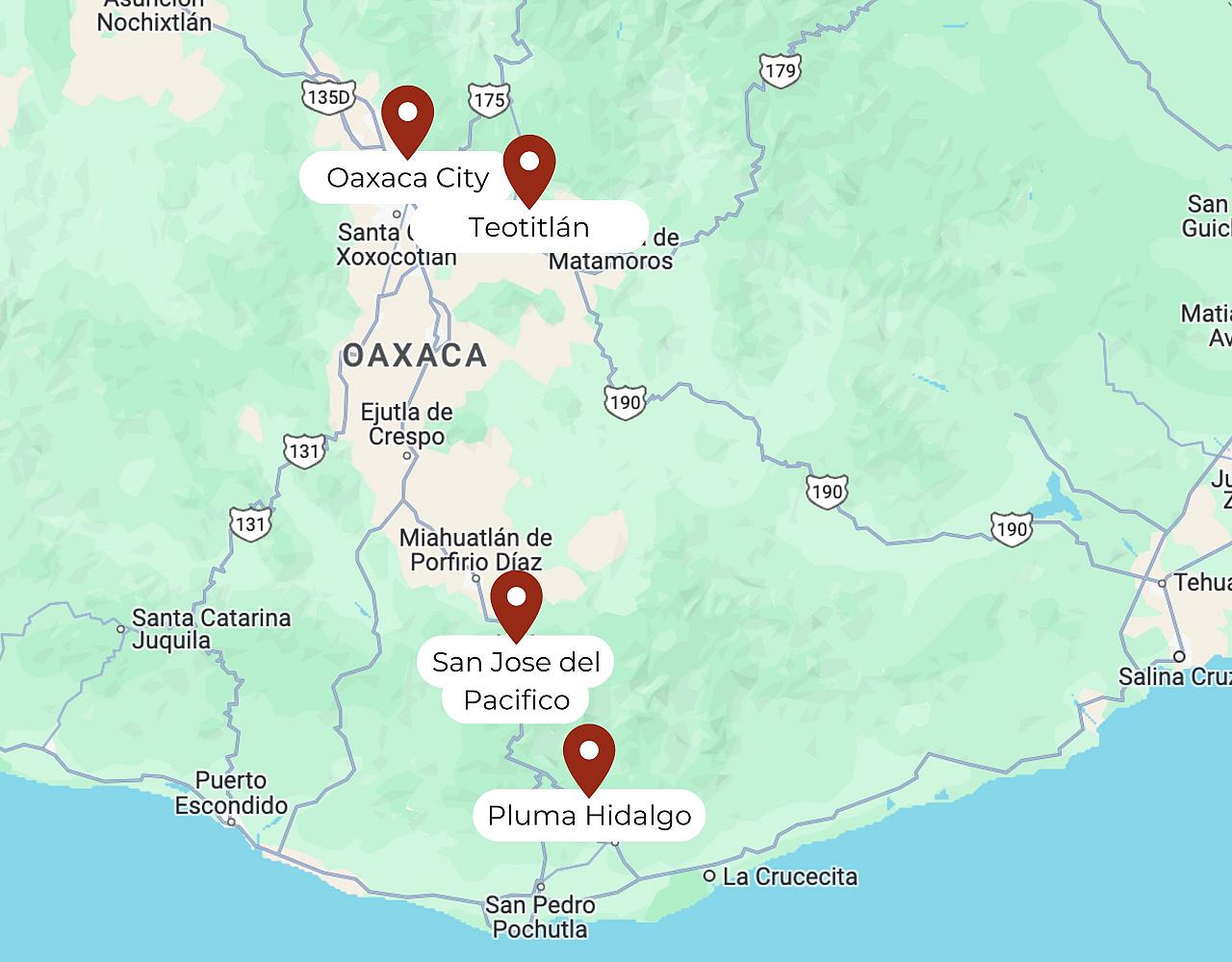 Map for Oaxaca Valley: Birds, Culture & Crafts