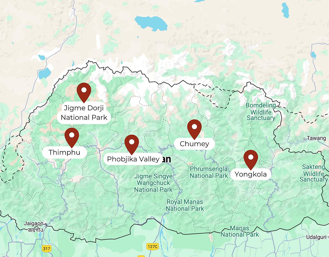 Map for Biodiverse Bhutan: Birds, Mammals & Beyond