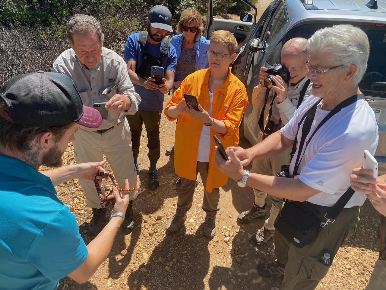 Group with Snake, Portal Arizona, Southeast Arizona, Arizona, Arizona Nature Tour, Arizona Birding Tour, Naturalist Journeys